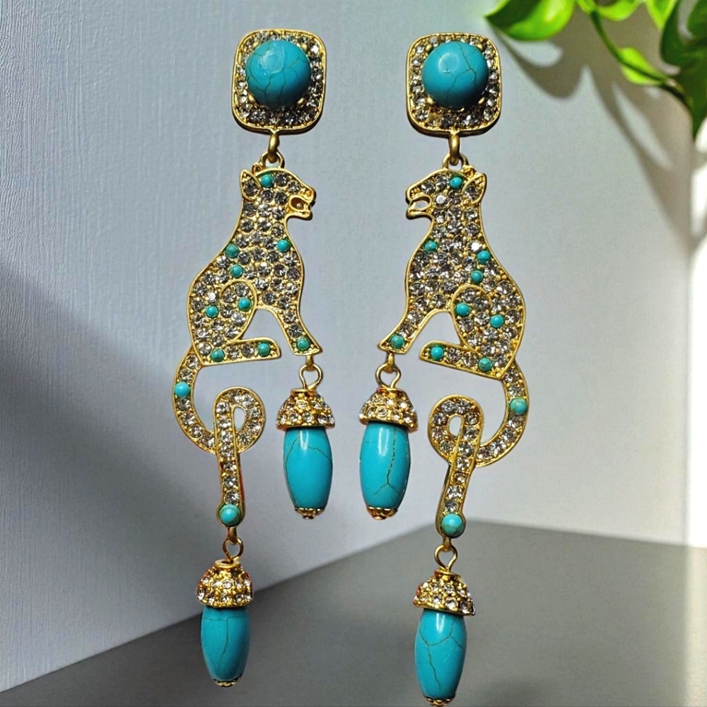 Gold Panther Leopard Massive Turquoise Crystal Dangle Earrings - Picture 1 of 4